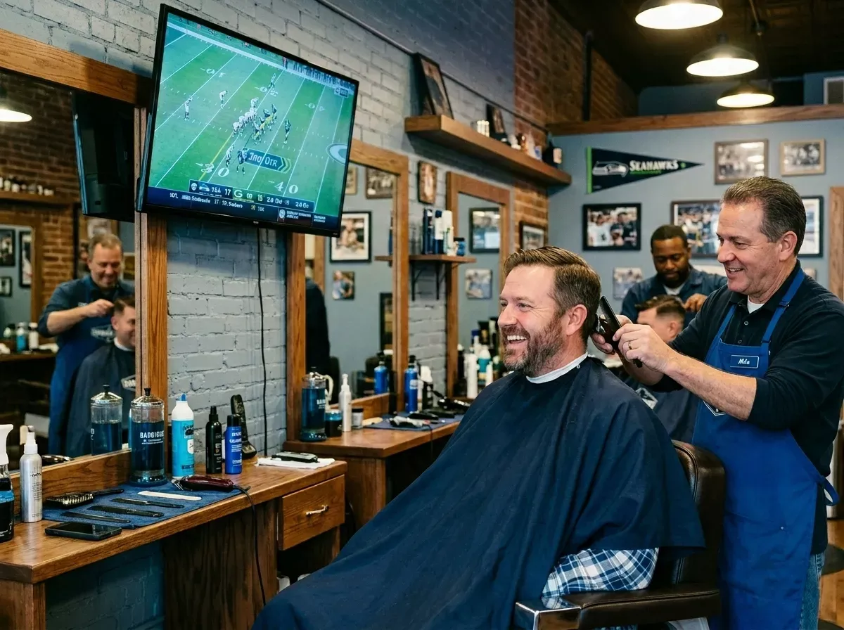 Man watches live sports at barber shop